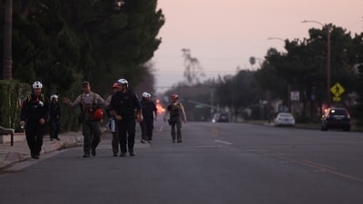 The Marin County Search and Rescue team, alongside Sheriff’s Deputies, are seen during the Eaton Fire in Altadena, California, U.S. Los Angeles Mayor Karen Bass faces significant challenges in leadership amid the city’s worst crisis in decades, with accusations of political failures and investigations into her actions. (REUTERS)