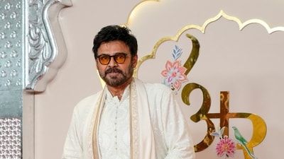 Indian Telugu actor Daggubati Venkatesh poses for a photograph as he arrives at the wedding of Anant Ambani and Radhika Merchant at Jio World Convention Centre in Mumbai. (AP Photo /Rajanish Kakade) (AP) Indian Telugu actor Daggubati Venkatesh poses for a photograph as he arrives at the wedding of Anant Ambani and Radhika Merchant at Jio World Convention Centre in Mumbai. (AP Photo /Rajanish Kakade) (AP)