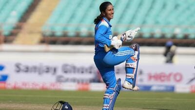 Jemimah Rodrigues celebrates her century during the 2nd ODI against Ireland in Rajkot. (BCCI)
