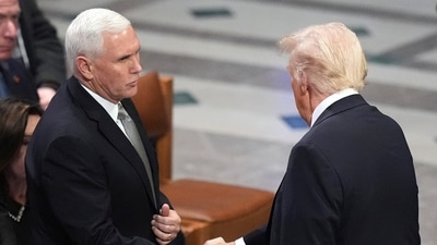 President-elect Donald Trump shakes hands with former Vice President Mike Pence before the state funeral for former President Jimmy Carter at Washington National Cathedral in Washington, Thursday, Jan. 9, 2025. (AP Photo/Jacquelyn Martin) (AP) President-elect Donald Trump shakes hands with former Vice President Mike Pence before the state funeral for former President Jimmy Carter at Washington National Cathedral in Washington, Thursday, Jan. 9, 2025. (AP Photo/Jacquelyn Martin) (AP)