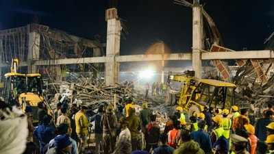 Rescue operation underway after an under-construction building collapsed at the Kannauj railway station, trapping around two dozen workers under the rubble, in Kannauj, Saturday afternoon, Jan. 11, 2025. (PTI) Rescue operation underway after an under-construction building collapsed at the Kannauj railway station, trapping around two dozen workers under the rubble, in Kannauj, Saturday afternoon, Jan. 11, 2025. (PTI)