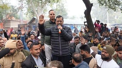 Kejriwal addresses the media at Shakur Basti on Sunday. (HT Photo) Kejriwal addresses the media at Shakur Basti on Sunday. (HT Photo)