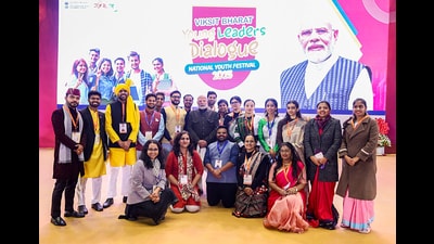 Prime Minister Narendra Modi in a group picture during the Viksit Bharat Young Leaders Dialogue 2025 on the occasion of National Youth Day, commemorating the birth anniversary of Swami Vivekananda, at Bharat Mandapam in New Delhi on Sunday. (ANI PHOTO) Prime Minister Narendra Modi in a group picture during the Viksit Bharat Young Leaders Dialogue 2025 on the occasion of National Youth Day, commemorating the birth anniversary of Swami Vivekananda, at Bharat Mandapam in New Delhi on Sunday. (ANI PHOTO)