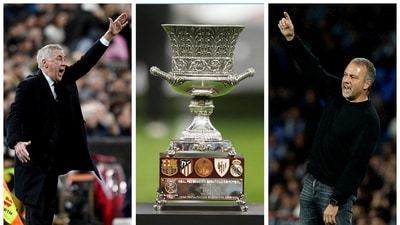 A combination picture shows Real Madrid coach Carlo Ancelotti, the Spanish Super Cup trophy and FC Barcelona coach Hansi Flick ahead of the Spanish Super Cup Final. (REUTERS)