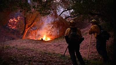 Firefighters continue to monitor flames in the Mandeville Canyon neighborhood of Los Angeles, California, on January 11, 2025, as the Palisades Fire rages on. (AFP) Firefighters continue to monitor flames in the Mandeville Canyon neighborhood of Los Angeles, California, on January 11, 2025, as the Palisades Fire rages on. (AFP)