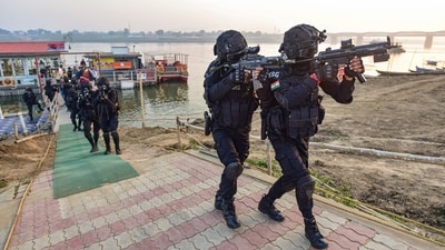 Prayagraj: Commandos conduct a mock drill ahead of the Mahakumbh 2025, in Prayagraj, Saturday, Jan. 11, 2025. (PTI Photo) (PTI) Prayagraj: Commandos conduct a mock drill ahead of the Mahakumbh 2025, in Prayagraj, Saturday, Jan. 11, 2025. (PTI Photo) (PTI)