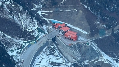Aerial view of the area around the Z-Morh tunnel in Sonamarg, set to be inaugurated by PM Modi on Monday. (X-@OmarAbdullah) Aerial view of the area around the Z-Morh tunnel in Sonamarg, set to be inaugurated by PM Modi on Monday. (X-@OmarAbdullah)
