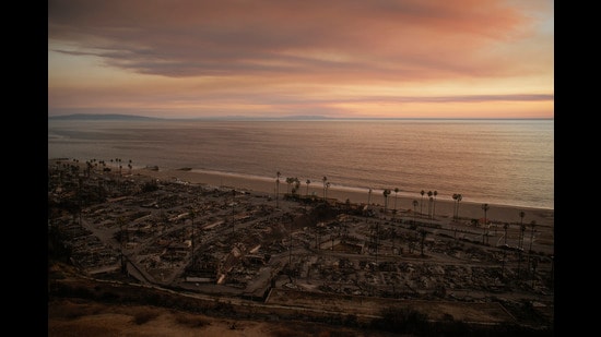 A neighbourhood destroyed by the wildfires is seen in the Pacific Palisades area of Los Angeles (John Locher/AP)