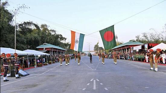 Security personnel of India and Bangladesh during a Joint Retreat Ceremony, at Land and Customs Station Fulbari on the outskirts of Siliguri on January 12, 2025. (PTI)