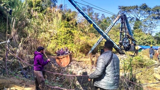 Rescue operation underway for labourers trapped inside a coal mine at Umrangso area, in Dima Hasao district, Assam, Saturday, Jan. 11, 2025. The body of another worker, who was trapped in the coal mine, was recovered on Saturday from the quarry during rescue operations, an official said. (PTI)
