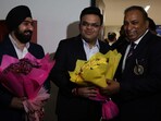 Newly appointed Devajit Saikia,BCCI secretary and Prabhtej Singh Bhatia as treasure shares light moment with  Jay Shah at BCCI office at Churchgate in Mumbai