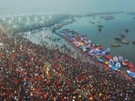 Devotees take holy dip at Triveni Sangam on the first day of Maha Kumbh Mela 2025 on Monday. (X-@PIB_India) Devotees take holy dip at Triveni Sangam on the first day of Maha Kumbh Mela 2025 on Monday. (X-@PIB_India)