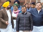 AAP chief Arvind Kejriwal, Punjab CM Bhagwat Mann, AAP MP Sanjay Singh and leader Awadh Ojha leave the Election Commission office. AAP chief Arvind Kejriwal, Punjab CM Bhagwat Mann, AAP MP Sanjay Singh and leader Awadh Ojha leave the Election Commission office.