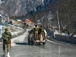 Security personnel stand guard near the Z-Morh tunnel project site, in J&K. The tunnel is scheduled to be inaugurated by Prime Minister Narendra Modi on Monday. 