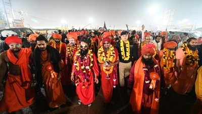 The Chavani Pravesh procession of Panchayati Akhada Bada Udaseen took place at Mahakumbh Nagar in Prayagraj, Uttar Pradesh, on Sunday. (Deepak Gupta/HT Photo)