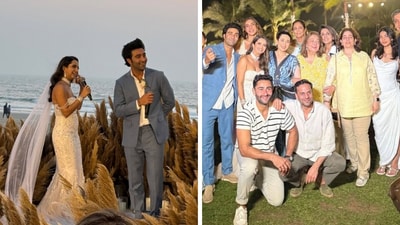 Aadar Jain and Alekha Adavni with the Kapoors at their wedding bash in Goa. Aadar Jain and Alekha Adavni with the Kapoors at their wedding bash in Goa.