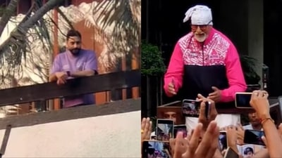 Abhishek Bachchan and Amitabh Bachchan greeted fans outside Jalsa. Abhishek Bachchan and Amitabh Bachchan greeted fans outside Jalsa.