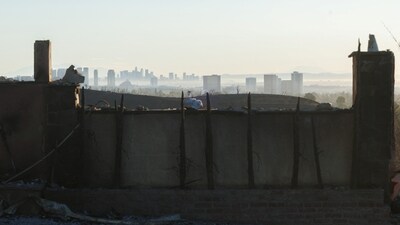 Burned properties and the Los Angeles skyline are seen following the Palisades Fire in the Pacific Palisades neighbourhood in Los Angeles. The debris and scarred landscape also set the stage for a future disaster, since any rain that falls in the area threatens to trigger dangerous mudslides.&nbsp; (REUTERS)