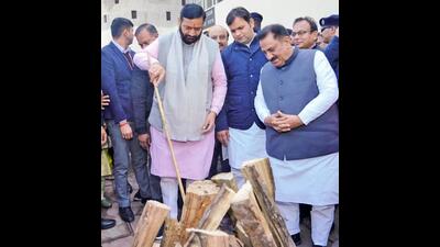 Haryana chief minister Nayab Singh Saini during a lohri celebration event at Ladwa, Haryana, on Monday. (HT Photo)