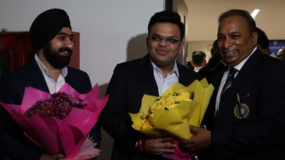 Newly appointed Devajit Saikia,BCCI secretary and Prabhtej Singh Bhatia as treasure shares light moment with  Jay Shah at BCCI office at Churchgate in Mumbai (Hindustan Times)