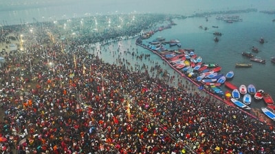 Devotees take holy dip at Triveni Sangam on the first day of Maha Kumbh Mela 2025 on Monday. (X-@PIB_India) Devotees take holy dip at Triveni Sangam on the first day of Maha Kumbh Mela 2025 on Monday. (X-@PIB_India)