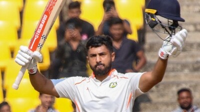 Vidarbha's Karun Nair celebrates a century. (PTI) Vidarbha's Karun Nair celebrates a century. (PTI)
