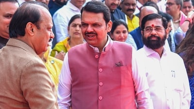 Maharashtra chief minister Devendra Fadnavis with deputy CMs Ajit Pawar and Eknath Shinde (PTI)