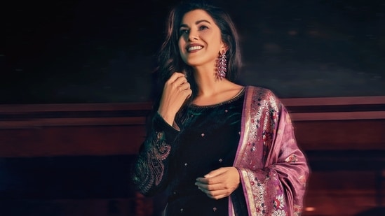 Nimrat Kaur channels Lohri vibes in a luxe velvet ensemble by W for Women, paired with statement earrings by Dillano Jewels (Photo: Priyank Nandwana)