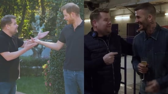 David Beckham smoothed things over between Prince Harry and James Corden in a 14-year-old secret row. He and the Duke of Sussex are reportedly no longer on the same friendly terms. (YouTube - The Late Late Show)