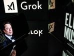 Screens displaying the logo of Grok, a generative artificial intelligence chatbot developed by xAI, the American company specializing in artificial intelligence and it's founder Elon Musk.