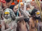 'Sadhus' take a holy dip at the Sangam on the occasion of 'Makar Sankranti' festival during the Mahakumbh Mela 2025 in Prayagraj, Uttar Pradesh, on Tuesday, 'Sadhus' take a holy dip at the Sangam on the occasion of 'Makar Sankranti' festival during the Mahakumbh Mela 2025 in Prayagraj, Uttar Pradesh, on Tuesday,