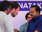 Congress leader Rahul Gandhi greets Delhi CM Arvind Kejriwal during a joint press conference after the opposition parties meeting in Bengaluru on July 18, 2023. Congress leader Rahul Gandhi greets Delhi CM Arvind Kejriwal during a joint press conference after the opposition parties meeting in Bengaluru on July 18, 2023.