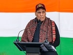 Jammu: Defence Minister Rajnath Singh speaks during the Armed Forces Veterans' Day function, at Akhnoor, in Jammu district,