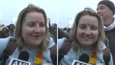 A Russian woman’s remarks on India at Mahakumbh Mela 2025 met with cheers. (X/@ANI) A Russian woman’s remarks on India at Mahakumbh Mela 2025 met with cheers. (X/@ANI)