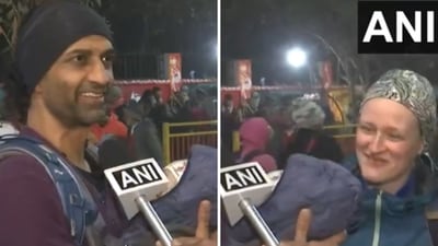 Mahakumbh 2025: The image shows an Indian-origin man with his German wife and toddler son. (X/@ANI) Mahakumbh 2025: The image shows an Indian-origin man with his German wife and toddler son. (X/@ANI)