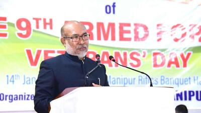 Manipur chief minister N Biren Singh addressing army veterans and their families on the occasion of the 9th Armed Forces Veterans’ Day-2025 at the 1st Battalion, Manipur Rifles hall in Imphal on Tuesday. Manipur chief minister N Biren Singh addressing army veterans and their families on the occasion of the 9th Armed Forces Veterans’ Day-2025 at the 1st Battalion, Manipur Rifles hall in Imphal on Tuesday.