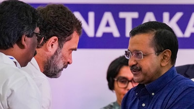Congress leader Rahul Gandhi greets Delhi CM Arvind Kejriwal during a joint press conference after the opposition parties meeting in Bengaluru on July 18, 2023. (PTI) Congress leader Rahul Gandhi greets Delhi CM Arvind Kejriwal during a joint press conference after the opposition parties meeting in Bengaluru on July 18, 2023. (PTI)