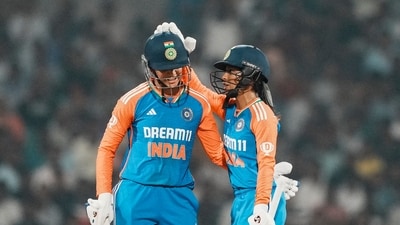 Smriti Mandhana (L) celebrates his half-century with Jemimah Rodrigues (PTI) Smriti Mandhana (L) celebrates his half-century with Jemimah Rodrigues (PTI)