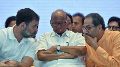 Opposition's Indian National Developmental Inclusive Alliance (INDIA) leaders Rahul Gandhi, Sharad Pawar and Uddhav Thackeray during a press conference. (ANI file)