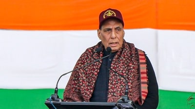 Jammu: Defence Minister Rajnath Singh speaks during the Armed Forces Veterans' Day function, at Akhnoor, in Jammu district, (PTI) Jammu: Defence Minister Rajnath Singh speaks during the Armed Forces Veterans' Day function, at Akhnoor, in Jammu district, (PTI)