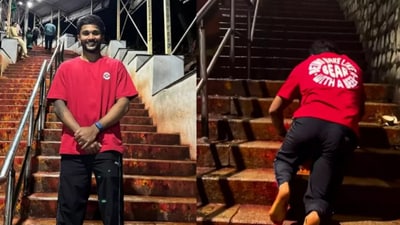 Nitish Kumar Reddy climbs stairs of Tirupati temple on his knees Nitish Kumar Reddy climbs stairs of Tirupati temple on his knees