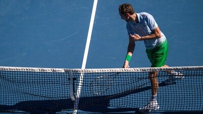 Russia's Daniil Medvedev smashes his racquet during his first round match on Rod Laver Arena at the Australian Open tennis tournament in Melbourne. (AFP) Russia's Daniil Medvedev smashes his racquet during his first round match on Rod Laver Arena at the Australian Open tennis tournament in Melbourne. (AFP)