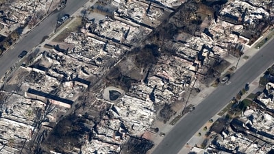 Los Angeles wildfires: An aerial view of homes destroyed in the Palisades Fire as wildfires cause damage and loss through the LA region on January 13, 2025 in Pacific Palisades, California. (Mario Tama/Getty Images via AFP) Los Angeles wildfires: An aerial view of homes destroyed in the Palisades Fire as wildfires cause damage and loss through the LA region on January 13, 2025 in Pacific Palisades, California. (Mario Tama/Getty Images via AFP)