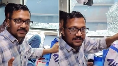The image shows the damaged windowpane of the Tapti Ganga Express, which was headed for Mahakumbh. (Screengrab) The image shows the damaged windowpane of the Tapti Ganga Express, which was headed for Mahakumbh. (Screengrab)