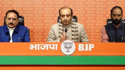 BJP national spokesperson Sudhanshu Trivedi during the press conference on Tuesday. (PTI) BJP national spokesperson Sudhanshu Trivedi during the press conference on Tuesday. (PTI)