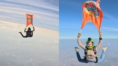 Uttar Pradesh skydiver soared 13,000 ft over Bangkok, unfurling the Mahakumbh flag. (Instagram/anamika.skydives) Uttar Pradesh skydiver soared 13,000 ft over Bangkok, unfurling the Mahakumbh flag. (Instagram/anamika.skydives)