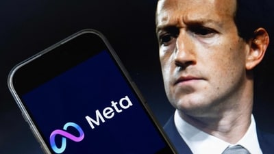 This photo illustration shows an image of Mark Zuckerberg, CEO of Meta, and an image of the Meta logo. (AFP) This photo illustration shows an image of Mark Zuckerberg, CEO of Meta, and an image of the Meta logo. (AFP)