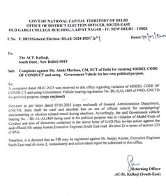 The letter from the returning officer directing Delhi Police to file an FIR. The letter from the returning officer directing Delhi Police to file an FIR.