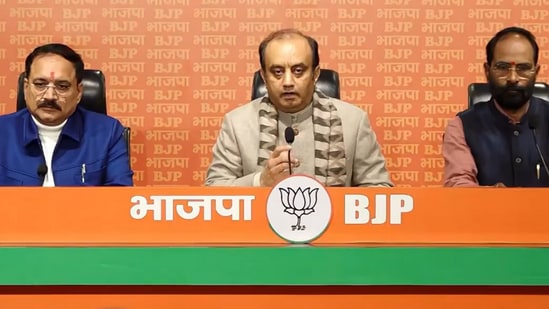BJP national spokesperson Sudhanshu Trivedi during the press conference on Tuesday. (PTI)