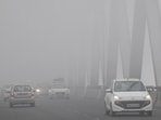 Vehicles crossing in low visibility due to fog at JP Setu in Patna, Bihar, India, Wednesday,15, 2025.(Santosh Kumar/ Hindustan Times)